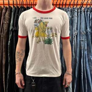 Vintage 60s Camel Ringer Tee - One Hour Park Graphic Shirt, Red/ Size Medium